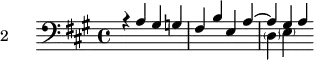 \version "2.18.2"
\header {
tagline = ##f
}
\score {
\new Staff \with {
%fontSize = #-1
}
<<
\relative c {
\clef bass
\key a \major
\time 4/4
\set Staff.instrumentName = #"2"
%% Prélude CBT I-19, BWV 864, la majeur — thème 2
<< { r4 a'4 gis g fis b e, a~ a gis a } \\ { s1 s1 \parenthesize d,4 \parenthesize e } >>
}
>>
\layout {
\context { \Score \remove "Metronome_mark_engraver"
\override SpacingSpanner.common-shortest-duration = #(ly:make-moment 1/3)
}
}
\midi {}
}