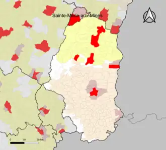 Localisation de l'aire d'attraction de Sainte-Marie-aux-Mines dans le département du Haut-Rhin.