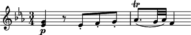 
\header {
  tagline = ##f
}

\score {
  \new Staff \with {

  }
<<
  \relative c' {
    \key ees \major
    \time 3/4
    \override TupletBracket #'bracket-visibility = ##f 
    \autoBeamOff

     %%%%%%%%%%%%%%%%%%%%%%%%%% K26
     < es g >\p r8 ees8-.[ f-. g-.] aes8.\trill[( g32 aes)] f4

  }
>>
  \layout {
    \context {
      \remove "Metronome_mark_engraver"
    }
  }
  \midi {}
}
