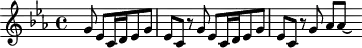 
\version "2.18.2"
\header {
  tagline = ##f
}

\score {
  \new Staff \with {
fontSize = #-1
  }
<<
  \relative c'' {
    \key c \minor
    \time 4/4

     %% Fugue de la toccata BWV 911
     \partial 2.
     s8 g8 ees[ c16 d ees8 g] | ees c r8 g'8 ees[ c16 d ees8 g] | ees c r8 g'8 aes[ aes~] \hideNotes aes16
  }
>>
  \layout {
     \context { \Score \remove "Metronome_mark_engraver" 
      \override SpacingSpanner.common-shortest-duration = #(ly:make-moment 1/3)
   }
  }
  \midi {} 
}

