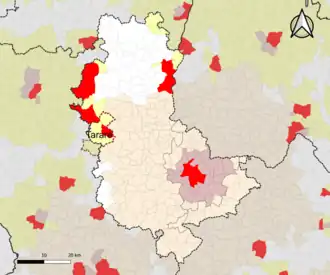 Localisation de l'aire d'attraction de Tarare dans la circonscription départementale du Rhône.