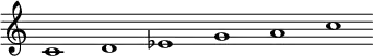 \relative c' {\override Score.BarLine.stencil = ##f \override Score.TimeSignature.stencil = ##f c1 d ees g a c}