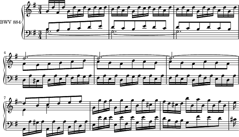 \version "2.18.2"
\header {
tagline = ##f
}
upper = \relative c'' {
\clef treble
\key g \major
\time 3/4
\tempo 4 = 96
\set Staff.midiInstrument = #"harpsichord"
%% PRÉLUDE CBT II-15, BWV 884, sol majeur
g16 d' fis, d' g, d' a d b d c d | b d a d g, d' c d b d a d | b d a d g, d' b d a d g, d'~ |
<< { d2.~ d~ d~ d8 b c d e fis } \\ { fis,8 e fis g a b a g fis b a g a g fis a g fis e4 a2 } >>
g16 g' fis g g, g' a, g' b, g' cis, g' | fis d cis d b' b, a' b, g' b, fis' b, e
}
lower = \relative c' {
\clef bass
\key g \major
\time 3/4
\set Staff.midiInstrument = #"harpsichord"
<< { b8 a b c d e d c b e d c d c b d c b } \\ { g2.~ g~ g } >>
d16 a' cis, a' d, a' e a fis a g a | fis a e a d, a' g a fis a e a | fis a e a d, a' fis a e a d, a' | a, a' gis a a, a' b, a' c, a' d, a' | e e' d e e, e' fis, e' g, e' a, e' | d b a b g8 fis' e d | cis16
}
\score {
\new PianoStaff <<
\set PianoStaff.instrumentName = #"BWV 884"
\new Staff = "upper" \upper
\new Staff = "lower" \lower
>>
\layout {
\context {
\Score
\remove "Metronome_mark_engraver"
%\override SpacingSpanner.common-shortest-duration = #(ly:make-moment 1/3)
}
}
\midi { }
}