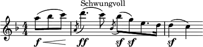  \relative c'' { \clef treble \key f \major \numericTimeSignature \time 4/4 \partial 8*3 \set Staff.midiInstrument = #"violin"
a'8(\f\< bes c)\! | \slashedGrace { a,( } d'4.)(\ff^"Schwungvoll" c8) \slashedGrace { bes,( } bes'\sf)([ g\sf) e8. d16] | d4\sf( c) } 
