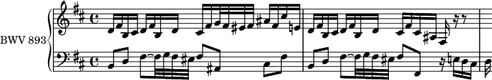 
\version "2.18.2"
\header {
  tagline = ##f
}

upper = \relative c' {
  \clef treble 
  \key b \minor
  \time 4/4
  \tempo 4 = 66 % les tempos sont ceux de Keller (en général)
  \set Staff.midiInstrument = #"harpsichord" 

   %% PRÉLUDE CBT II-24, BWV 893, si mineur
   d16 fis b, cis d fis b, d cis fis g32 fis eis fis ais16 fis cis' e, 
   d16 fis b, cis d fis b, d cis fis cis ais fis r16 r8 s16
   
}

lower = \relative c {
  \clef bass 
  \key b \minor
  \time 4/4
  \set Staff.midiInstrument = #"harpsichord" 
    
   b8 d fis8~ fis32 g fis eis fis8 ais, cis[ fis]
   b,8 d fis8~ fis32 g fis eis fis8 fis, r16 e'16 d cis d
    
} 

\score {
  \new PianoStaff <<
    \set PianoStaff.instrumentName = #"BWV 893"
    \new Staff = "upper" \upper
    \new Staff = "lower" \lower
  >>
  \layout {
    \context {
      \Score
      \remove "Metronome_mark_engraver"
      \override SpacingSpanner.common-shortest-duration = #(ly:make-moment 1/2) 
    }
  }
  \midi { }
}
