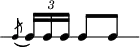 
\header {
  tagline = ##f
}

\score {
  \new RhythmicStaff {
    \time 12/8
    \numericTimeSignature
    \omit Staff.TimeSignature

    \acciaccatura c8 \times 2/3 { c16 c c } c8[ c] |

  }
  \layout {
   % indent = #0
  }
  \midi {}
}
