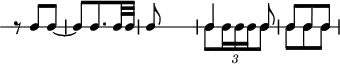 \header {
tagline = ##f
}
\score {
\new RhythmicStaff {
\time 3/8
\numericTimeSignature
\omit Staff.TimeSignature
r8 c8 c~ c c8. c32 c c8 s4 | << { c4 c8 | c c c } \\ { c8 \times 2/3 { c16 c c } c8 | c c c } >>
}
\layout {
% indent = #0
\override TupletBracket.bracket-visibility = ##f
}
\midi {}
}