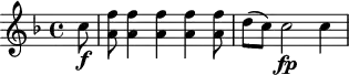 
\header {
  tagline = ##f
}

\score {
  \new Staff \with {

  }
<<
  \relative c'' {
    \key f \major
    \time 4/4
    \override TupletBracket #'bracket-visibility = ##f 
    \autoBeamOff

     %%%%%%%%%%%%%%%%%%%%%%%%%% K37
     \partial 8 c8\f < f a, >8 < f a, >4 q q < f a, >8 d8[( c)] c2\fp c4

  }
>>
  \layout {
    \context {
      \remove "Metronome_mark_engraver"
    }
  }
  \midi {}
}
