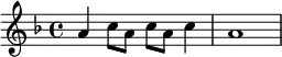 \new Staff \with {
midiInstrument = "shamisen"
}
{
\relative c'' {
\key f \major
\time 4/4
a4 c8 a c a c4
a1
}
}