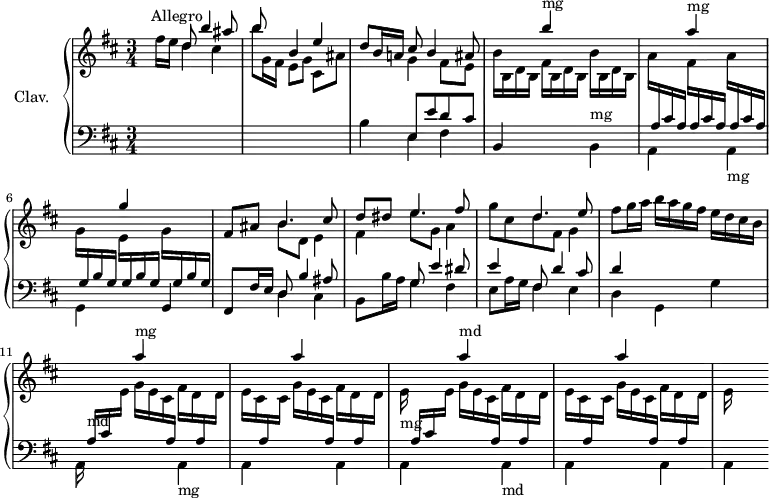 
\version "2.18.2"
\header { 
  tagline = ##f
}

%% les petites notes
trillBes = { \tag #'print { bes\trill } \tag #'midi { c32 bes c bes } }

% \repeat unfold 2 {}
upper = \relative c'' {
  \clef treble 
  \key b \minor
  \time 3/4
  \tempo 4 = 88
  \set Staff.midiInstrument = #"harpsichord"

    %\partial 2
    s8^\markup{Allegro} << { s8 d8 b'4 ais8 | b8 s8 b,4 e | d8 b16 a! cis8 b4 ais8 } \\ { fis'16 e d4 cis | b'8 g,16 fis e8 g cis,[ ais'] | s4 g4 fis8 e } >> \stemDown
    b'16 b, d b  fis' b, d b  b' b, d b | 
    % ms. 5
    a'16 \stemUp \change Staff = "lower" a, cis a \stemDown \change Staff = "upper" fis' \stemUp \change Staff = "lower" a, cis a  \stemDown \change Staff = "upper" a' \stemUp \change Staff = "lower" a, cis a | 
    % ms. 6
    \stemDown \change Staff = "upper" g'16 \stemUp \change Staff = "lower" g, b g \stemDown \change Staff = "upper" e' \stemUp \change Staff = "lower" g, b g  \stemDown \change Staff = "upper" g' \stemUp \change Staff = "lower" g, b g | \stemDown \change Staff = "upper" << { \mergeDifferentlyDottedOn fis'8 ais b4. cis8 | d8 dis e4. fis8 | s4 d4. e8 } \\ { s4 b8 d, e4 | fis e'8 g, a4 | g'8 cis, d8 fis, g4 } >> | 
    % ms. 10
    fis'8 g16 a b a g fis  e d cis b | s16 \stemUp \change Staff = "lower" a,16^\markup{md} cis \stemDown \change Staff = "upper" e g e cis \stemUp \change Staff = "lower" a \stemDown \change Staff = "upper" fis' d \stemUp \change Staff = "lower" a \stemDown \change Staff = "upper" d | e cis \stemUp \change Staff = "lower" a \stemDown \change Staff = "upper" cis g' e cis \stemUp \change Staff = "lower" a \stemDown \change Staff = "upper" fis' d \stemUp \change Staff = "lower" a \stemDown \change Staff = "upper" d
    % ms. 13
    e16 s16 s8 \stemUp a'4^\markup{md} \stemDown \change Staff = "lower" a,,,-\markup{md} | a \stemUp \change Staff = "upper" a''' \stemDown \change Staff = "lower" a,,, | a % poursuivre un peu…

}

lower = \relative c' {
  \clef bass
  \key b \minor
  \time 3/4
  \set Staff.midiInstrument = #"harpsichord"

    % *****************************
     s2. | s2. |  << { s4 e,8 e' d cis } \\ { b4 e,4 fis } >> | b,4 \stemUp \change Staff = "upper" b'''4^\markup{mg} \stemDown \change Staff = "lower" b,,,4^\markup{mg} |
     % ms. 5
     a4 \stemUp \change Staff = "upper" a'''4^\markup{mg} \stemDown \change Staff = "lower" a,,,4-\markup{mg} | g4 \stemUp \change Staff = "upper" g'''4 \change Staff = "lower" g,,,4 | << { fis8 fis'16 e d8 b'4 ais8 | s4 g8 e'4 dis8 | e4 fis,8 d'4 cis8 | d4 } \\ { s4  d,4 cis | b8 b'16 a g4 fis | e8 a16 g fis4 e | d g, g' } >>
     % ms. 11
     \stemDown a,16 s16 s8 \stemUp \change Staff = "upper" a'''4^\markup{mg} \stemDown \change Staff = "lower" a,,,4-\markup{mg} | a4 \stemUp \change Staff = "upper" a'''4 \stemDown \change Staff = "lower" a,,,4
     % ms. 13
     << { \stemDown a4 } \\ { \stemUp s16^\markup{mg} a'[ cis \stemDown \change Staff = "upper" e] g e cis \stemUp \change Staff = "lower" a } >>  \stemDown \change Staff = "upper" fis' d \stemUp \change Staff = "lower" a \stemDown \change Staff = "upper" d | e cis \stemUp \change Staff = "lower" a \stemDown \change Staff = "upper" cis g' e cis \stemUp \change Staff = "lower" a \stemDown \change Staff = "upper" fis' d \stemUp \change Staff = "lower" a \stemDown \change Staff = "upper" d | e16 

}

thePianoStaff = \new PianoStaff <<
    \set PianoStaff.instrumentName = #"Clav."
    \new Staff = "upper" \upper
    \new Staff = "lower" \lower
  >>

\score {
  \keepWithTag #'print \thePianoStaff
  \layout {
      #(layout-set-staff-size 17)
    \context {
      \Score
     \override SpacingSpanner.common-shortest-duration = #(ly:make-moment 1/2)
      \remove "Metronome_mark_engraver"
    }
  }
}

\score {
  \keepWithTag #'midi \thePianoStaff
  \midi { }
}
