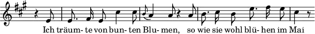\header {
\version "2.16.2"
tagline = ##f
}
\score {
\new Staff \with {
\remove "Time_signature_engraver"
}
<<
\relative c' {
\key a \major
\time 6/8
\set Score.currentBarNumber = #5
\override TupletBracket #'bracket-visibility = ##f
\autoBeamOff
%%%%%%%%%%%%%%%%%%%%%%%%%% no 11 Frühlingstraum
\partial 4. r4 e8 | e8. fis16 e8 cis'4 cis8 | \grace b8( a4) a8 r4 a8 | b8. cis16 b8 e8. fis16 e8 | cis4 r8
}
\addlyrics {
Ich träum- te von bun- ten Blu- men, so wie sie wohl blü- hen im Mai
}
>>
\layout {
\context {
\remove "Metronome_mark_engraver"
}
}
\midi {}
}