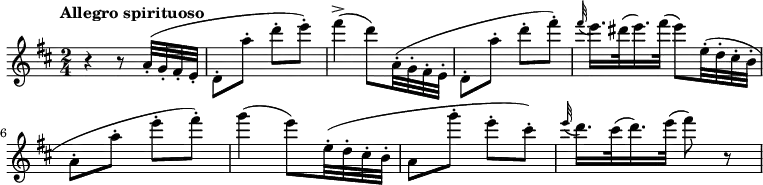 \relative c'' {
\version "2.18.2"
\key d \major
\time 2/4
\tempo "Allegro spirituoso"
\tempo 4 = 110
r4 r8 a32-. (g-. fis-. e-. d8-. a''-. d-. e-.)
fis4^> (d8) a,32-. (g-. fis-. e-. d8-. a''-. d-. fis-.)
\grace fis 32 (e16.) dis32 (e16.) fis32 (e8) e,32 -. (d-. cis-. b-. a8-. a'-. e'-. fis-.)
g4 (e8) e,32-. (d-. cis-. b-. a8 g''8-. e-. cis-. )
\grace e 32 (d16.) cis32 (d16.) e32 (fis8) r
}