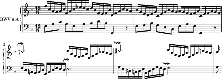 \version "2.18.2"
\header {
tagline = ##f
}
UpMordbBp = { \tag #'print { b2.^\markup{ \musicglyph #"scripts.upmordent" } } \tag #'midi { a32 b \repeat unfold 2 { c32 b c b c b~ } b4 } }
UpMordeBp = { \tag #'print { e2.^\markup{ \musicglyph #"scripts.upmordent" } } \tag #'midi { d32 e \repeat unfold 2 { f e f e f e~ } e4 } }
DownMordcisBp = { \tag #'print { cis2.^\markup{ \musicglyph #"scripts.downmordent" } } \tag #'midi { d32 c b c d c d c d~ d2 } }
DownMordfBp = { \tag #'print { f2.^\markup{ \musicglyph #"scripts.downmordent" } } \tag #'midi { g32 f e f g f g f g f2 } }
upper = \relative c'' {
\clef treble
\key f \major
\time 12/8
\tempo 4 = 84 % tempo de Keller
\set Staff.midiInstrument = #"harpsichord"
%% PRÉLUDE CBT I-11, BWV 856, fa majeur
\stemUp f16 c a g a c f, a c ees d c d bes f e f bes d, f a c bes a | bes g e d e g c, e g bes a g a g f e f a c, e f a g f |
\UpMordbBp c16 g e d e g c, e g bes a g | \DownMordcisBp d16 a f e f a d, f a c bes a bes
}
lower = \relative c' {
\clef bass
\key f \major
\time 12/8
\set Staff.midiInstrument = #"harpsichord"
f,8 a c a f a bes d bes f,4 r8 | f'8 g bes g e c f a f f,4 r8 | f'16 d b a b d g, b d f e d \UpMordeBp
g16 e cis b cis e a, cis e g f e \DownMordfBp g8
}
thePianoStaff = \new PianoStaff <<
\set PianoStaff.instrumentName = #"BWV 856"
\new Staff = "upper" \upper
\new Staff = "lower" \lower
>>
\score {
\keepWithTag #'print \thePianoStaff
\layout {
\context {
\Score
\remove "Metronome_mark_engraver"
\override SpacingSpanner.common-shortest-duration = #(ly:make-moment 1/2)
}
}
}
\score {
\keepWithTag #'midi \thePianoStaff
\midi { }
}