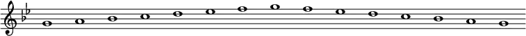 \new Staff {
\relative c'' {
\key g \minor
\override Staff.TimeSignature #'stencil = ##f
\override Staff.BarLine #'stencil = ##f
g1 a bes c d es f g f es d c bes a g
}
}
\midi {
\context {
\Score
tempoWholesPerMinute = #(ly:make-moment 120 1)
}
}