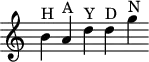 
\version "2.18.2"
\header {
  tagline = ##f
}

\score {
  \new Staff \with {
    \remove "Time_signature_engraver"
  }
<<
  \relative c'' {
    \key c \major
    \time 4/1
    \tempo 4 = 62
    \override TupletBracket #'bracket-visibility = ##f 

     %%%% 
     b4^\markup{H} a^\markup{A} d^\markup{Y} d^\markup{D} g^\markup{N}

  }
>>
  \layout {
     \context { \Score \remove "Metronome_mark_engraver" }
  }
  \midi {}
}
