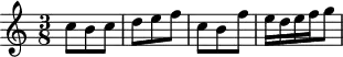 
\header {
  tagline = ##f
}

\score {
  \new Staff \with {

  }
<<
  \relative c'' {
    \key c \major
    \time 3/8
    \override TupletBracket #'bracket-visibility = ##f 
    %\autoBeamOff

     %%%%%%% K15s
     c8 b c d e f c b f' e16 d e f g8
     
  }
>>
  \layout {
    \context {
      \remove "Metronome_mark_engraver"
    }
  }
  \midi {}
}
