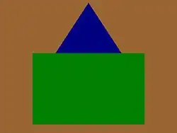 Carré vert surmonté d'un triangle bleu sur fond brun.