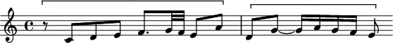 
\version "2.18.2"
\header {
  tagline = ##f
}

\score {
  \new Staff \with {

  }
<<
  \relative c' {
    \key c \major
    \time 4/4

     %% SUJET fugue CBT I-1, BWV 846, ut majeur
     \[ r8 c8 d e f8. g32 f e8 a\]  \[ d, g~ g16 a g f e8 \]
  }
>>
  \layout {
     \context { \Score \remove "Metronome_mark_engraver" }
  }
  \midi {} 
}
