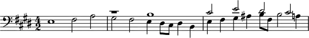 \version "2.18.2"
\header {
tagline = ##f
}
\score {
\new Staff \with {
}
<<
\relative c {
\clef bass
\key e \major
\time 4/2
\tempo 2 = 58
\set Staff.midiInstrument = #"harpsichord"
%%
e1 fis2 a
<< { r1 b1 cis2 e dis2 cis } \\ { gis fis e4 dis8 cis dis4 b e fis gis ais b8 fis b2 a!4 } >>
}
>>
\layout {
\context { \Score \remove "Metronome_mark_engraver" }
}
\midi {}
}