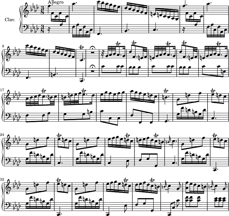 
\version "2.18.2"
\header {
  tagline = ##f
  % composer = "Domenico Scarlatti"
  % opus = "K. 50"
  % meter = "Allegro"
}

%% les petites notes
trillCp        = { \tag #'print { c4.\trill } \tag #'midi { \repeat unfold 4 { des32 c~ } c8 } }
trillAesqp     = { \tag #'print { aes8.\trill } \tag #'midi { bes32 aes bes aes~ aes16 } }
trillDqpDown   = { \tag #'print { f,8.\trill } \tag #'midi { g32 f g f~ f16 } }
trillBp        = { \tag #'print { b4.\trill } \tag #'midi { \repeat unfold 4 { c32 b~ }   \tempo 4. = 36 b8   \tempo 4. = 66 } }
trillAesqp     = { \tag #'print { aes8.\trill } \tag #'midi { bes32 aes bes aes~ aes16 } }
trillCqp       = { \tag #'print { c8.\trill } \tag #'midi { des32 c des c~ c16 } }
trillEesq      = { \tag #'print { ees8\trill } \tag #'midi { f32 ees f ees } }
trillCqq       = { \tag #'print { c16\trill } \tag #'midi { \times 2/3 { c32 d c } } }
trillDqq       = { \tag #'print { d16\trill } \tag #'midi { \times 2/3 { d32 ees d } } }
appoCq         = { \tag #'print { \appoggiatura  b32 c4. } \tag #'midi { b8  \tempo 4. = 42 c4   \tempo 4. = 66 } }
appoC          = { \tag #'print { \appoggiatura  b32 c4 } \tag #'midi { b8 c8 } }

upper = \relative c'' {
  \clef treble 
  \key f \minor
  \time 3/8
  \tempo 4. = 66
  \set Staff.midiInstrument = #"harpsichord"
  \override TupletBracket.bracket-visibility = ##f

      s8*0^\markup{Allegro}
      f4. | aes | c16 bes aes g f ees | des c bes aes g f | e d c   bes aes g |  \stemUp f''4. | \stemNeutral
      % ms. 7
      aes4. | c16 bes aes g f ees | des c bes aes g f | \trillCp | R4.\fermata | r32 g' aes bes \trillAesqp g16 |  \repeat unfold 2 { des'8 \trillDqpDown e32 f |
      % ms. 14
      e32 g aes bes \trillAesqp g16 } | aes32 bes c des \trillCqp b32 c | b d ees f ees8.\trill d16 | ees g f ees f g 
      % ms. 20
      aes g f ees d c | \trillBp | g8 d' f | \repeat unfold 2 { \trillEesq d8 c | g d' f } |
      % ms. 27
      ees16 f g ees \trillDqq c16 | d ees f d \trillCqq b16 | \appoCq | g8 d' f | \repeat unfold 2 { \trillEesq d8 c | g d' f } |
      % ms. 34
      ees16 f g ees \trillDqq c16 | des ees f des \trillCqq b16 | \appoC g8 | < aes f' >8 ees'16 des c b | \appoC g8 |

}

lower = \relative c' {
  \clef bass
  \key f \minor
  \time 3/8
  \set Staff.midiInstrument = #"harpsichord"
  \override TupletBracket.bracket-visibility = ##f

    % ************************************** \appoggiatura a16  \repeat unfold 2 {  } \times 2/3 { }   \omit TupletNumber 
      r16 \stemDown \change Staff = "upper" f16 c f  \stemUp \change Staff = "lower"  aes, \stemDown \change Staff = "upper" c \stemNeutral \change Staff = "lower" f, aes c, f aes, c | f,4. | bes | c | r16 \stemDown \change Staff = "upper" f'16 c f  \stemUp \change Staff = "lower"  aes, \stemDown \change Staff = "upper" c \stemNeutral \change Staff = "lower" | 
      % ms. 7
      f,16 aes c, f aes, c | f,4. | b | c, | R4.\fermata | \repeat unfold 2 { c''8 c c | bes bes bes } |
      % ms. 16
      c8 c e, | f f aes | g g b | c c, c | 
      % ms. 20
      f8 f, f | g4. | \repeat unfold 2 { g'16 f' d b g d' | c,4. } | g'16 f' d b g d' |
      % ms. 27
      c,4 ees8 | f g g, | c4. | \repeat unfold 2 { g'16 f' d b g d' | c,,4. } |
      % ms. 34
      g''16 f' d b g d' | c,,4 ees'8 | f g g,  | c,[ \tempo 4. = 36 c'] \tempo 4. = 66 c'  | < c f > q q | < c ees > q q |

}

thePianoStaff = \new PianoStaff <<
    \set PianoStaff.instrumentName = #"Clav."
    \new Staff = "upper" \upper
    \new Staff = "lower" \lower
  >>

\score {
  \keepWithTag #'print \thePianoStaff
  \layout {
      #(layout-set-staff-size 17)
    \context {
      \Score
     \override SpacingSpanner.common-shortest-duration = #(ly:make-moment 1/2)
      \remove "Metronome_mark_engraver"
    }
  }
}

\score {
  \keepWithTag #'midi \thePianoStaff
  \midi { }
}
