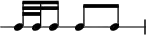 
\header {
  tagline = ##f
}

\score {
  \new RhythmicStaff {
    \time 3/8
    \numericTimeSignature
    \omit Staff.TimeSignature

   c32 c c16 c8[ c]

  }
  \layout {
   % indent = #0
  }
  \midi {}
}
