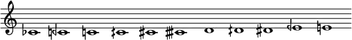 \relative c' { \cadenzaOn \omit Staff.TimeSignature \tempo 1 = 90 \set Score.tempoHideNote = ##t ces1 ceh c cih cis cisih d dih dis eeh e }