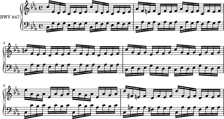 \version "2.18.2"
\header {
tagline = ##f
}
upper = \relative c'' {
\clef treble
\key c \minor
\time 4/4
\tempo 4 = 84
\set Staff.midiInstrument = #"harpsichord"
%% PRÉLUDE CBT I-2, BWV 847, ut mineur
\repeat unfold 2 { c16 ees, d ees c ees d ees }
\repeat unfold 2 { aes16 f e f c f e f }
\repeat unfold 2 { b16 f ees f d f ees f }
\repeat unfold 2 { c'16 g f g ees g f g }
\repeat unfold 2 { ees'16 aes, g aes ees aes g aes }
\repeat unfold 2 { d16 fis, e fis d fis e fis }
}
lower = \relative c {
\clef bass
\key c \minor
\time 4/4
\set Staff.midiInstrument = #"harpsichord"
\repeat unfold 2 { c16 g' f g ees g f g }
\repeat unfold 4 { c,16 aes' g aes f aes g aes }
\repeat unfold 2 { c,16 ees d ees g ees d ees }
\repeat unfold 2 { c16 c' bes c aes c bes c }
\repeat unfold 2 { c,16 a' g a fis a g a }
}
\score {
\new PianoStaff <<
\set PianoStaff.instrumentName = #"BWV 847"
\new Staff = "upper" \upper
\new Staff = "lower" \lower
>>
\layout {
\context {
\Score
\remove "Metronome_mark_engraver"
%\override SpacingSpanner.common-shortest-duration = #(ly:make-moment 1/2)
}
}
\midi { }
}