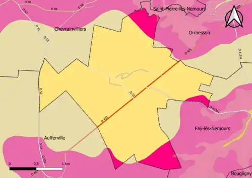 Carte montrant en couleurs le zonage géologique simplifié d'une commune