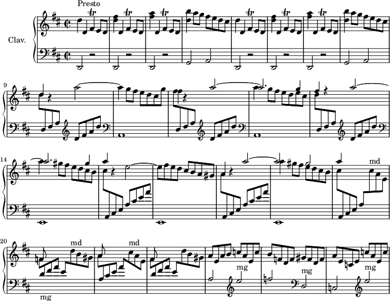 
\version "2.18.2"
\header {
  tagline = ##f
}

%% les petites notes
trillB      = { \tag #'print { fis4\trill } \tag #'midi { g32 fis g fis~ fis16~ fis16 } }

forFDE      = { \trillB e8 d }

upper = \relative c'' {
  \clef treble 
  \key d \major
  \time 2/2
  \tempo 2 = 80
  \set Staff.midiInstrument = #"harpsichord"

      s8*0^\markup{Presto}
      \repeat unfold 2 { d4 d, \forFDE | < d' fis >4 d, \forFDE | < fis' a >4 d, \forFDE | < d' b' >4 a'8 g fis e d cis } |
      % ms. 9
      \stemUp d4 r4 \stemDown a'2~ | 
      % ms. 10
      a4 g8 fis e d cis g' | fis4 r4 \stemUp << { a2~ a2. g4 | fis r4 a2~ | a2. gis4 } \\ { s2 a4 g8 fis e d e cis | s1 | a'4 gis8 fis e d cis b | } >> |
      % ms. 15
      a'4 r4 \stemNeutral e2~ | e8  fis e d cis b a gis | a4 r4 |
      % ms. 18
      << { a'2~ a2 gis } \\ { s2 a4 gis8 fis e d cis b } >> | \stemUp a'4 s2. | f,8 s8 s2. | a8 s8 s2. 
      % ms. 22
      fis8 s8 s2. | a8 e a b c a e c' | b f d f gis f d  f | a e c e c' a e c' |

}

lower = \relative c' {
  \clef bass
  \key d \major
  \time 2/2
  \set Staff.midiInstrument = #"harpsichord"

    % **************************************
      \repeat unfold 2 { \repeat unfold 3 { d,,2 r2 } g2 a } | \stemDown \change Staff = "upper" d''8 \stemUp \change Staff = "lower" d,,8 fis a    \clef treble d fis a d | 
      % ms. 10
      \clef bass a,,1 | \stemDown \change Staff = "upper" fis'''8 \stemUp \change Staff = "lower" d,,8 fis a    \clef treble d fis a d  | \clef bass a,,1 | \stemDown \change Staff = "upper" d''8 \stemUp \change Staff = "lower" d,,8 fis a    \clef treble d fis a d  |
      % ms. 14
       \clef bass \stemUp \change Staff = "lower"  e,,,1 | \stemDown \change Staff = "upper" cis'''8 \stemUp \change Staff = "lower" a,,8 cis e a cis e a  | \clef bass \stemUp \change Staff = "lower"  e,,1 | \stemDown \change Staff = "upper" a''8 \stemUp \change Staff = "lower" a,,8 cis e a cis e a  |
      % ms. 18
      \stemUp \change Staff = "lower" e,,1 | \stemDown \change Staff = "upper" cis'''8 \stemUp \change Staff = "lower"  a,, cis e a \stemDown \change Staff = "upper" cis'8^\markup{md} a e | f  \stemUp \change Staff = "lower" d8-\markup{mg} fis a e \stemDown \change Staff = "upper" d'8^\markup{md} b gis | a \stemUp \change Staff = "lower" a, cis e a \stemDown \change Staff = "upper" cis8^\markup{md} a e 
      % ms. 22
      \stemDown \change Staff = "upper" fis8 \stemUp \change Staff = "lower" d fis a e \stemDown \change Staff = "upper" d'8 b gis \stemUp \change Staff = "lower" a,2    \clef treble  e''2^\markup{mg} | f   \clef bass d,,2^\markup{mg} | c2 \clef treble  e''2^\markup{mg} |

}

thePianoStaff = \new PianoStaff <<
    \set PianoStaff.instrumentName = #"Clav."
    \new Staff = "upper" \upper
    \new Staff = "lower" \lower
  >>

\score {
  \keepWithTag #'print \thePianoStaff
  \layout {
      #(layout-set-staff-size 17)
    \context {
      \Score
     \override SpacingSpanner.common-shortest-duration = #(ly:make-moment 1/2)
      \remove "Metronome_mark_engraver"
    }
  }
}

\score {
  \keepWithTag #'midi \thePianoStaff
  \midi { }
}
