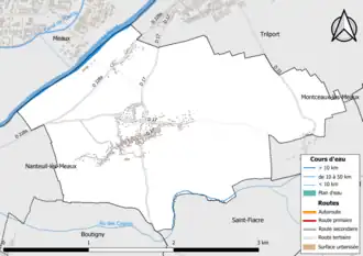 Carte en couleur présentant le réseau hydrographique de la commune