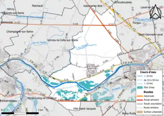 Carte en couleur présentant le réseau hydrographique de la commune