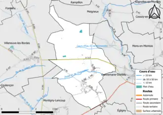 Carte en couleur présentant le réseau hydrographique de la commune