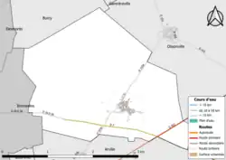 Carte en couleur présentant le réseau hydrographique de la commune
