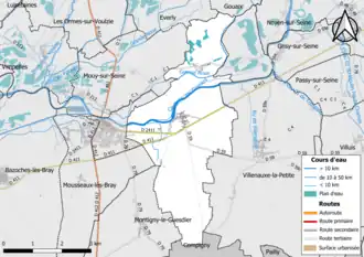 Carte en couleur présentant le réseau hydrographique de la commune
