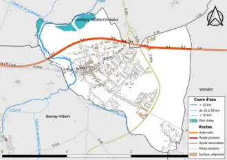 Carte en couleur présentant le réseau hydrographique de la commune