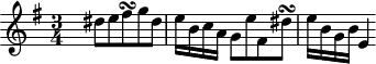 
\version "2.18.2"
\header {
  tagline = ##f
}

\score {
  \new Staff \with {

  }
<<
  \relative c' {
    \clef treble
    \key g \major
    \time 3/4
    \tempo 4 = 72
    \set Staff.midiInstrument = #"harpsichord" 
    \set Score.currentBarNumber = #26

     %% Prélude du CBT, BWV 884, sol majeur
     s8 dis'[ e fis\turn g dis] e16 b c a g8 e' fis, dis'\turn e16 b g b e,4~

  }
>>
  \layout {
     \context { \Score \remove "Metronome_mark_engraver" 
     \override SpacingSpanner.common-shortest-duration = #(ly:make-moment 2/6)
}
  }
  \midi {} 
}
