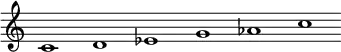 \relative c' {\override Score.BarLine.stencil = ##f \override Score.TimeSignature.stencil = ##f c1 d ees g aes c}