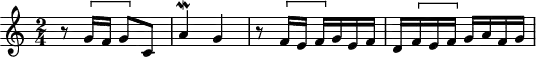 
\version "2.18.2"
\header {
  tagline = ##f
}

\score {
  \new Staff \with {

  }
<<
  \relative c'' {
    \key c \major
    \time 2/4
    \set Staff.midiInstrument = #"harpsichord" 

     %% SUJET fugue CBT II-1, BWV 870, ut majeur

     r8 \[ g16[ f] g8\] c, | a'4\mordent  g |  r8\[ f16 e f\] g e f | d \[ f e f\] g a f g

  }
>>
  \layout {
     \context { \Score \remove "Metronome_mark_engraver" }
  }
  \midi {} 
}
