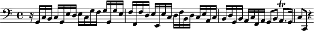 \version "2.18.2"
\header {
tagline = ##f
% composer = "Johann Krieger"
% opus = "Clavierübung, no. 25"
% meter = ""
}
\score {
\new Staff \with {
}
<<
\relative c {
\clef bass
\key c \major
\time 4/4
\tempo 4 = 78
\set Staff.midiInstrument = #"church organ"
\override TupletBracket #'bracket-visibility = ##f
%%%% Incipit
r16 g16 c b c g e' d e c g' f g g, g' e | f f, f' d e e, e' c d f b, d c e a, c | b d g, b a c f, a g8 b a8.\trill g16 | c8 c, r4
}
>>
\layout {
#(layout-set-staff-size 17)
\context { \Score \remove "Metronome_mark_engraver"
\override SpacingSpanner.common-shortest-duration = #(ly:make-moment 1/2)
}
}
\midi {}
}