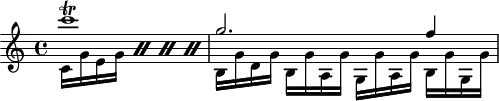 
\header {
  tagline = ##f
}

\score {
  \new Staff \with {

  }
<<
  \relative c' {
    \key c \major
    \time 4/4
    \override TupletBracket #'bracket-visibility = ##f 
    \autoBeamOff

     %%%%%%%%%%%%%%%%%%%%%%%%%% K28
     << { c''1\trill g2. f4 } \\ { \repeat percent 4 { c,16[ g' e g]} b, g' d g] b,[ g' a, g'] g,[ g' a, g'] b,[ g' g, g'] } >>

  }
>>
  \layout {
    \context {
      \remove "Metronome_mark_engraver"
    }
  }
  \midi {}
}
