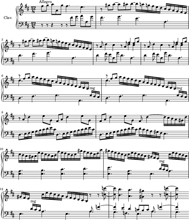 \version "2.18.2"
\header {
tagline = ##f
}
%% les petites notes
trillB = { \tag #'print { bes'8.\trill } \tag #'midi { c32 bes c bes~ bes16 } }
upper = \relative c'' {
\clef treble
\key d \major
\time 12/8
\tempo 4. = 80
\set Staff.midiInstrument = #"harpsichord"
s8*0^\markup{Allegro}
s8 fis8 g a a, g' fis4. e | \repeat unfold 2 { r8 gis8 a~ a ais b~ b16 a g fis e d cis b a g fis e } |
% ms. 4
\repeat unfold 2 { r8 a8 d4 cis r8 a8 << { fis'4 e8 g } \\ { d4 cis } >> } |
% ms. 6
\repeat unfold 2 { << { r8 fis8 g } \\ { d4. } >> a'16 g fis e d cis b a g fis e d cis b a s8. } |
% ms. 8
r8 \repeat unfold 3 { a'8 d4 e8 g, fis } d'4~ d16 cis b a gis d' |
% ms. 10
cis16 b a gis a e' d cis b a b fis' e d cis b cis gis' fis e d cis d a' | gis fis e d cis b cis e d cis b a gis fis e s8. cis'16 e d cis b a
% ms. 12
gis16 fis e s8. cis'16 e d cis b a gis fis e d cis b r8 r8 < c' c' >8~ q < b b' >4. < a a' > < gis gis'>4 r8 r8 < c c' >8~ q
}
lower = \relative c' {
\clef bass
\key d \major
\time 12/8
\set Staff.midiInstrument = #"harpsichord"
% **************************************
s8 r8 r8 r4 r8 r8 fis8 g a a, g' | fis4. g e a, | d fis g a, | \repeat unfold 2 { d4 fis8 e a, g' d4. a } |
% ms. 6
\repeat unfold 2 { d,4. fis g << { s8. g16^\markup{mg} fis e } \\ { a,4. } >> } |
% ms. 8
\repeat unfold 3 { d8. e16 fis g a b cis d e cis } d16 cis b a gis fis e4.
% ms. 10
< e a >4. < e b' > < e cis' > < e d' > | < e e' > < a e > \repeat unfold 2 { << { s8. d16^\markup{mg} cis b } \\ { e,4. } >> a4. } e4. << { \mergeDifferentlyDottedOn a8 f'4~ | f4 e d c8 b c a f'4~ | f4 } \\ { a,4. | g f e a g } >>
}
thePianoStaff = \new PianoStaff <<
\set PianoStaff.instrumentName = #"Clav."
\new Staff = "upper" \upper
\new Staff = "lower" \lower
>>
\score {
\keepWithTag #'print \thePianoStaff
\layout {
#(layout-set-staff-size 17)
\context {
\Score
\override SpacingSpanner.common-shortest-duration = #(ly:make-moment 1/2)
\remove "Metronome_mark_engraver"
}
}
}
\score {
\keepWithTag #'midi \thePianoStaff
\midi { }
}