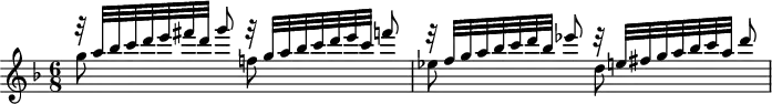 
\version "2.18.2"
\header {
  tagline = ##f
}

\score {
  \new Staff \with {

  }
  \relative c'' {
    \key d \minor
    \time 6/8
    \tempo 4 = 60
    \autoBeamOff
    \clef treble
    \override Rest #'style = #'classical
    \set Staff.midiInstrument = #"violin"

   % ms. p. 78 / DTO p. 83
   << { r32 a'[ bes c d e fis d] g8 } \\ { g,8 } >>
   << { r32 g[ a bes c d e c] f8 } \\ { f,!8 } >>
   << { r32 f[ g a bes c d bes] ees8  } \\ { ees,8 } >>
   << { r32 e![ fis g a bes c a] d8  } \\ { d,8 } >>

  }
  \layout {
    \context {
      \Score
      \remove "Metronome_mark_engraver"
    }
  }
  \midi {}
}
