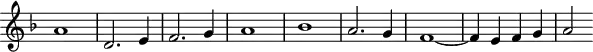 \header {
tagline = ##f
}
\score {
\new Staff \with {
\remove "Time_signature_engraver"
}
<<
\relative c'' {
\key d \minor
\time 4/4
\override TupletBracket #'bracket-visibility = ##f
%\autoBeamOff
%%%%%%%%%
a1 d,2. e4 f2. g4 a1 bes a2. g4 f1~ f4 e f g a2
}
>>
\layout {
\context { \Score \remove "Metronome_mark_engraver" }
}
\midi {}
}