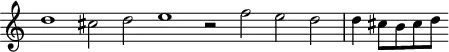 
\header {
  tagline = ##f
}

\score {
  \new Staff \with {
     \remove "Time_signature_engraver"
  }
<<
  \relative c'' {
    \key c \major
    %\clef bass
    \time 5/1
    \override TupletBracket #'bracket-visibility = ##f 

     %%% f° 13v-14
     d1 cis2 d e1 r2 f2 e d d4 cis8[ b cis d]
  }
>>
  \layout {
     \context { \Score \remove "Metronome_mark_engraver" }
  }
  \midi {}
}

