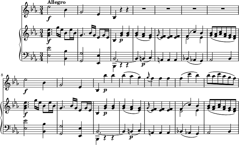 \version "2.18.2"
\header {
tagline = ##f
}
upper = \relative c'' {
\key ees \major
\time 3/4
\tempo 4 = 130
<g bes ees>4.\f g'16 ees bes8 ees16 bes
g4. bes16 g ees8 g16 ees
bes4 <g' bes>4 \p<g bes>
<g bes> (<f aes> <ees g>)
\grace g16 (<ees f>4) <ees f> <ees f>
<<{\stemDown d2 ees4 } \\ { \stemUp f4 ^ (c') bes}>>
<g bes>8 (<f aes> <aes c> <f aes> <ees g> <d f>)
<g bes ees>4.\f g'16 ees bes8 ees16 bes
g4. bes16 g ees8 g16 ees
bes4 <g' bes>4 \p<g bes>
<g bes> (<f aes> <ees g>)
\grace g16 (<ees f>4) <ees f> <ees f>
<<{\stemDown d2 ees4 } \\ { \stemUp f4 ^ (c') bes}>>
<g bes>8 (<f aes> <aes c> <f aes> <ees g> <d f>)
}
lower = \relative c {
\clef bass
\key ees \major
\time 3/4
<ees ees'>2 <bes bes'>4
<g g'>2 <ees ees'>4
<<{\stemDown bes4 c\rest c\rest} \\ { \stemUp bes'2. ~ bes4}>>
b4\p (c)
a a a
bes! (aes! g)
aes2 bes4
<ees ees'>2 <bes bes'>4
<g g'>2 <ees ees'>4
<<{\stemDown bes4 c\rest c\rest} \\ { \stemUp bes'2. ~ bes4}>>
b4\p (c)
a a a
bes! (aes! g)
aes2 bes4
}
vl = \relative c'' {
\key ees \major
\time 3/4
ees2\f^ \markup \bold {{"Allegro"}} bes4
g2 ees4 bes r r \repeat unfold 4 {R1*3/4}
ees'2\f bes4
g2 ees4 bes bes'' \p bes
bes (aes g) \grace g16 (f4) f f
f (c' bes)
bes8 (aes c aes g f)
}
\score {
\new GrandStaff <<
\new PianoStaff <<
\new Staff = "upper" \upper
\new Staff = "lower" \lower
\set Staff.midiMinimumVolume = #0.2 \set Staff.midiMaximumVolume = #0.5
>>
\new Staff = "vl" \vl
>>
\layout {
\context {
\Score
\remove "Metronome_mark_engraver"
}
}
\midi { }
}