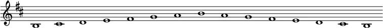 \new Staff {
\relative c' {
\key b \minor
\override Staff.TimeSignature #'stencil = ##f
\override Staff.BarLine #'stencil = ##f
b1 cis d e fis g a b a g fis e d cis b
}
}
\midi {
\context {
\Score
tempoWholesPerMinute = #(ly:make-moment 120 1)
}
}