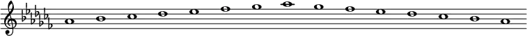 \new Staff {
\relative c'' {
\key as \minor
\override Staff.TimeSignature #'stencil = ##f
\override Staff.BarLine #'stencil = ##f
as1 bes ces des es fes ges as ges fes es des ces bes as
}
}
\midi {
\context {
\Score
tempoWholesPerMinute = #(ly:make-moment 120 1)
}
}