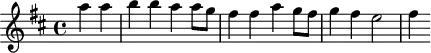 \version "2.18.2"
\header {
tagline = ##f
}
\score {
\new Staff \with {
}
<<
\relative c''' {
\key d \major
\time 4/4
%\set Staff.midiInstrument = #"violin"
\override TupletBracket #'bracket-visibility = ##f
%%% Uccelini, Bergamasca
\partial 2 a4 a b b a a8 g fis4 fis a g8 fis g4 fis e2 fis4
}
>>
\layout {
\context { \Score \remove "Metronome_mark_engraver" }
}
\midi { \tempo 4 = 120 }
}