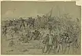 Le 7e&nbsp;régiment de New-York, artillerie lourde, servant comme infanterie, prêt à sortir des tranchées pour donner l'assaut aux positions sudistes (dessin d'Alfred Waud).
