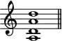 
\header {
  tagline = ##f
}

\score {
  \new Staff \with {
    \remove "Time_signature_engraver"
  }
  \relative c'' {
    \key c \major
    \time 9/1
    \tempo 1 = 60
    \autoBeamOff
    \clef treble
    \override Rest #'style = #'classical

      << a,1 d a' d >>

    \bar "||"
  }
  \layout {
    \context {
      \Score
      \remove "Metronome_mark_engraver"
    }
  }
  \midi {}
}
